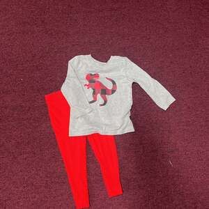 Toddler Boy's Plaid Dinosaur Long Sleeve Top & Red Pants Set